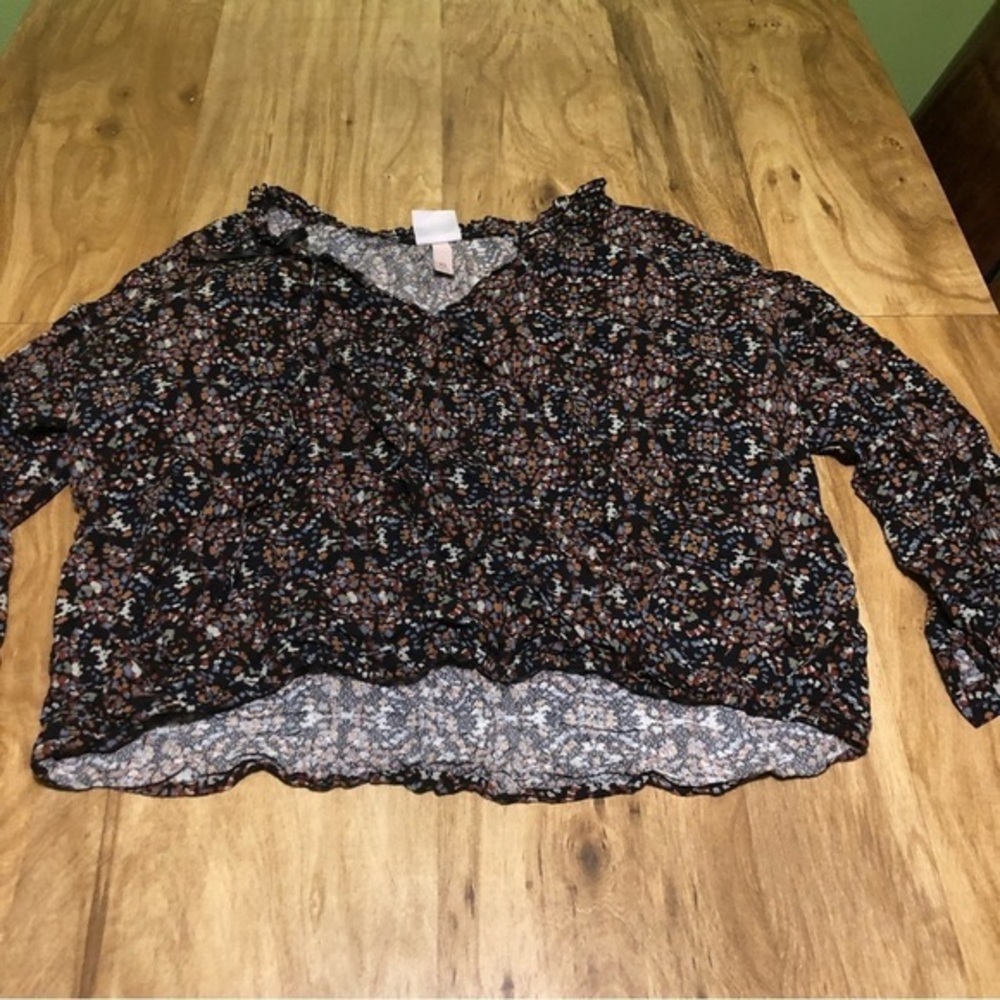 Knox Rose Lightweight Abstract Black Floral Long Sleeve One Button Womens XL Top